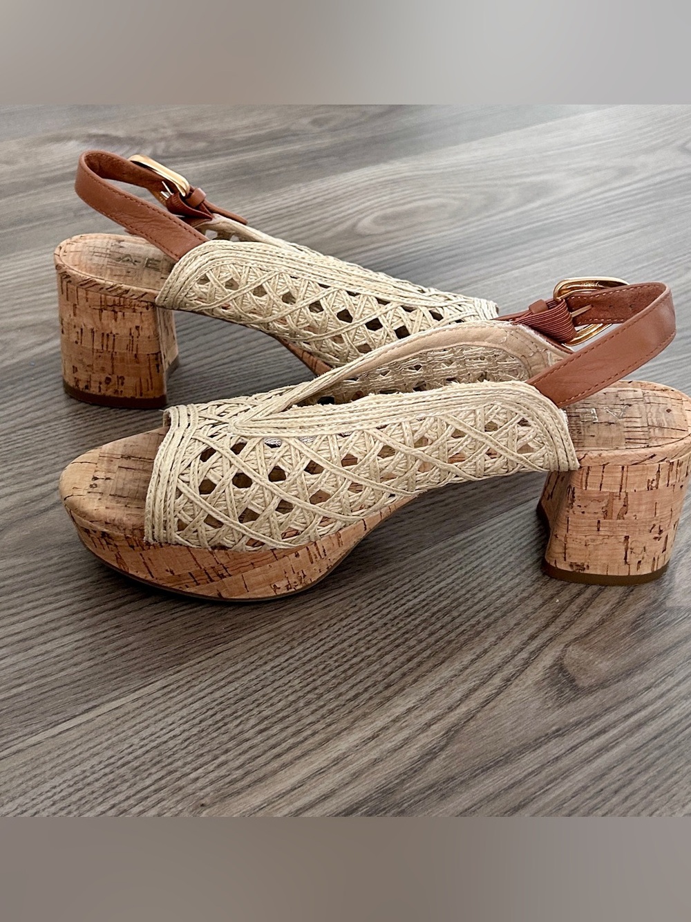 AEROSOLES Cream Woven Raffia Cork Platform Sandals with Brown Strap